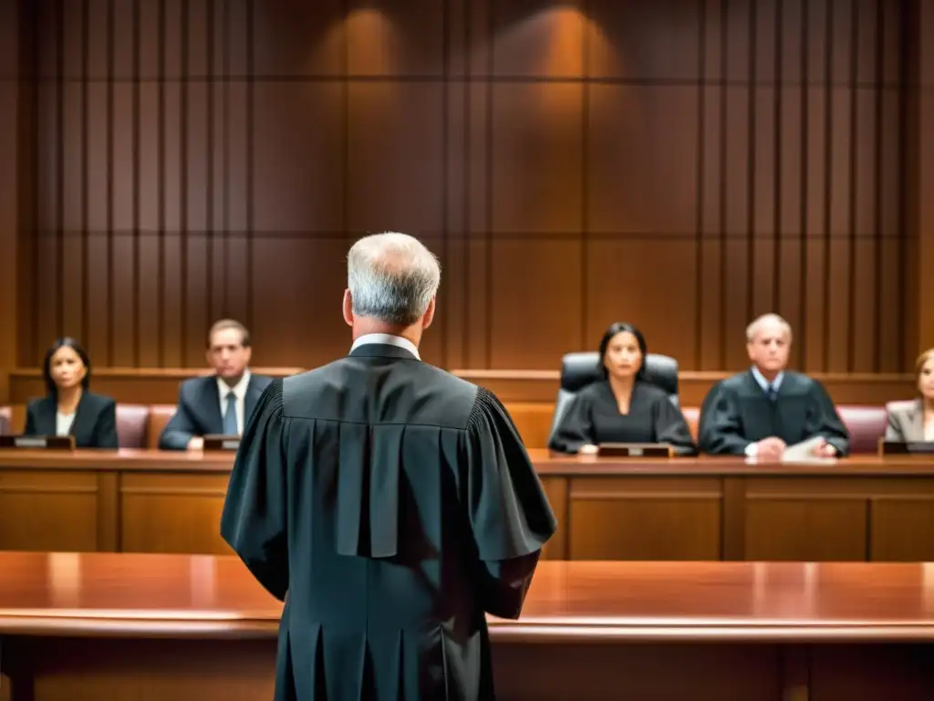 Juez examina fotografía en juicio, abogados y jurado de fondo