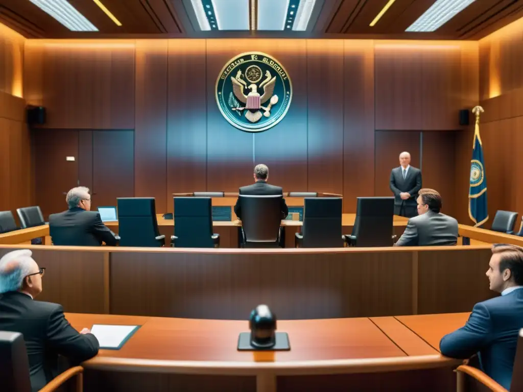 Juez preside la sala con abogados y jurado, tecnología moderna