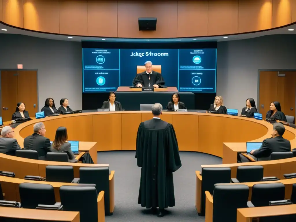 Juez en sala moderna con abogados y evidencia digital