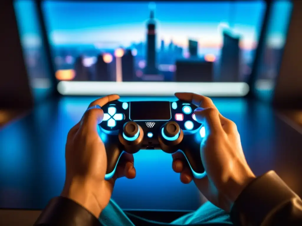 Un jugador concentra sus dedos sobre un mando futurista en una habitación con luces tenues y vistas de la ciudad