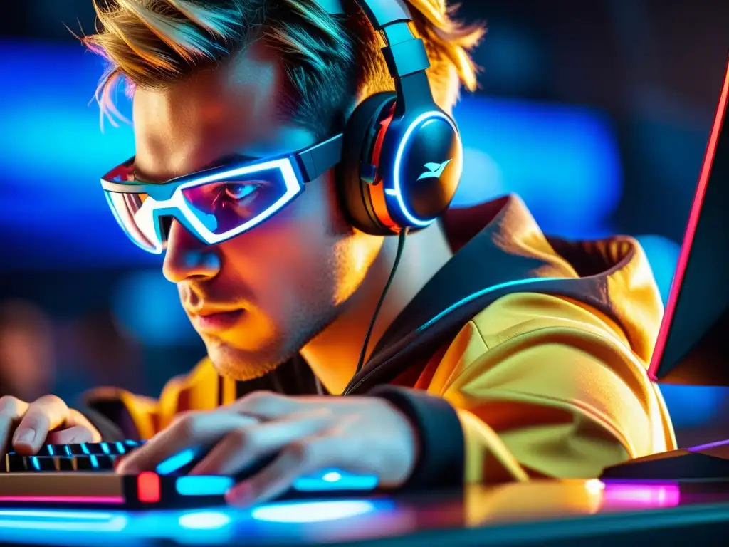 Concentración máxima de un jugador de eSports con auriculares futuristas iluminados