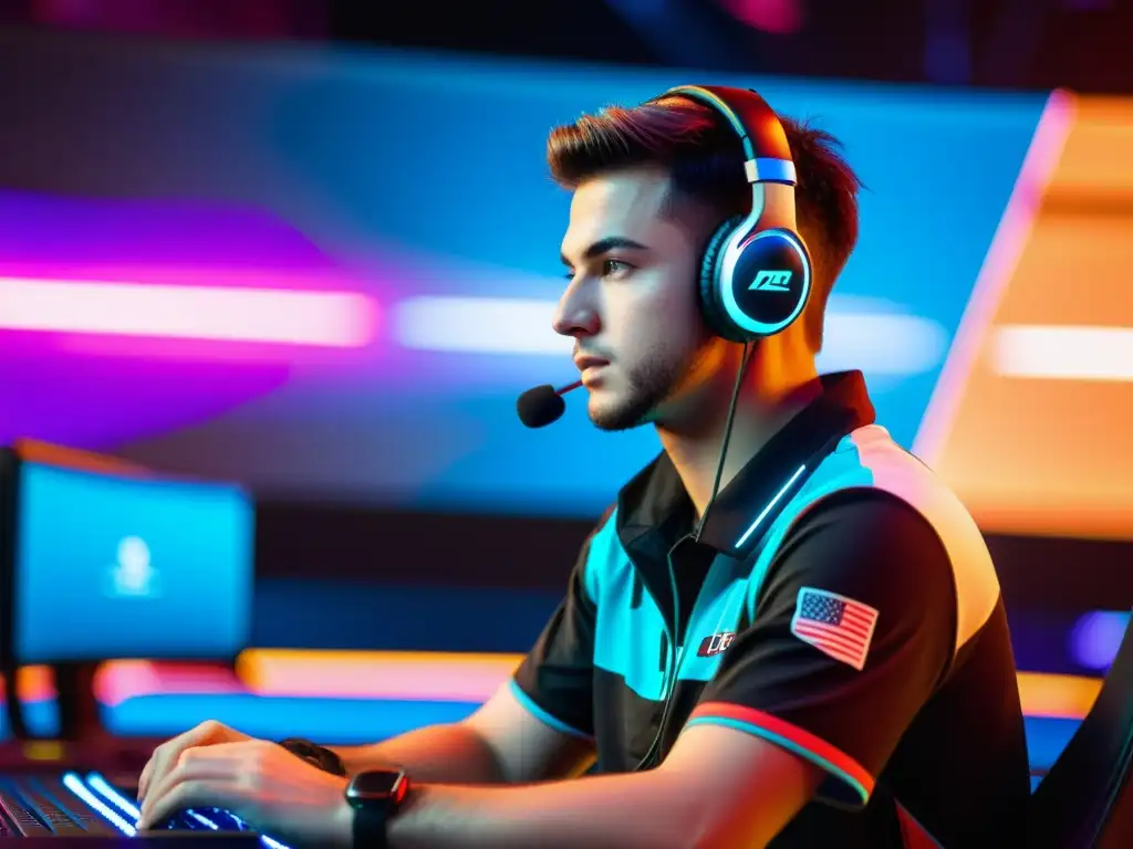 Un jugador de esports concentrado compitiendo en un torneo de alto nivel en una arena futurista