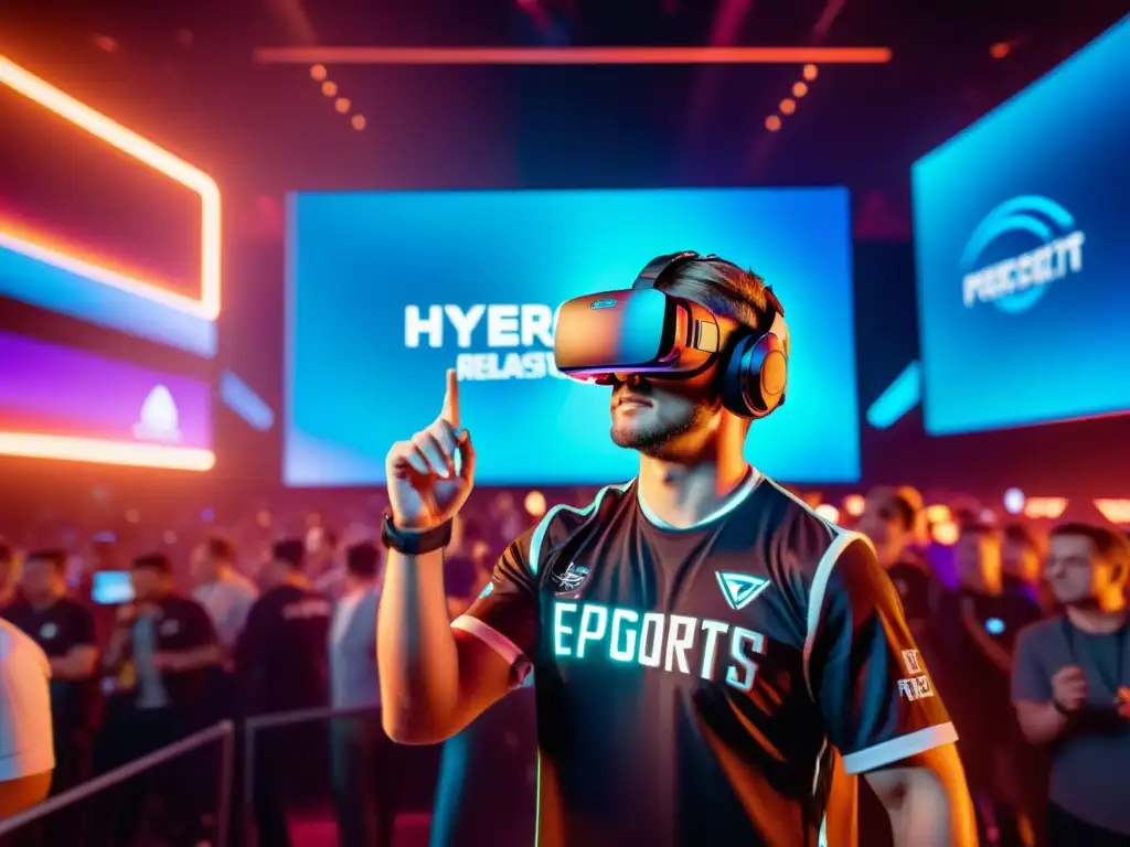 Jugador de eSports inmerso en realidad virtual futurista, interactuando con fans y logo de 'Propiedad intelectual en realidad virtual eSports'