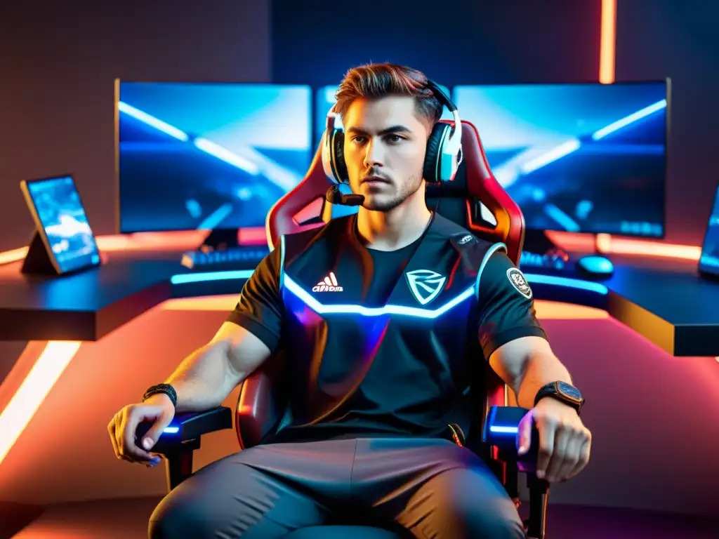 Jugador profesional de eSports concentrado en su silla futurista rodeado de tecnología, con contratos de propiedad intelectual para eSports