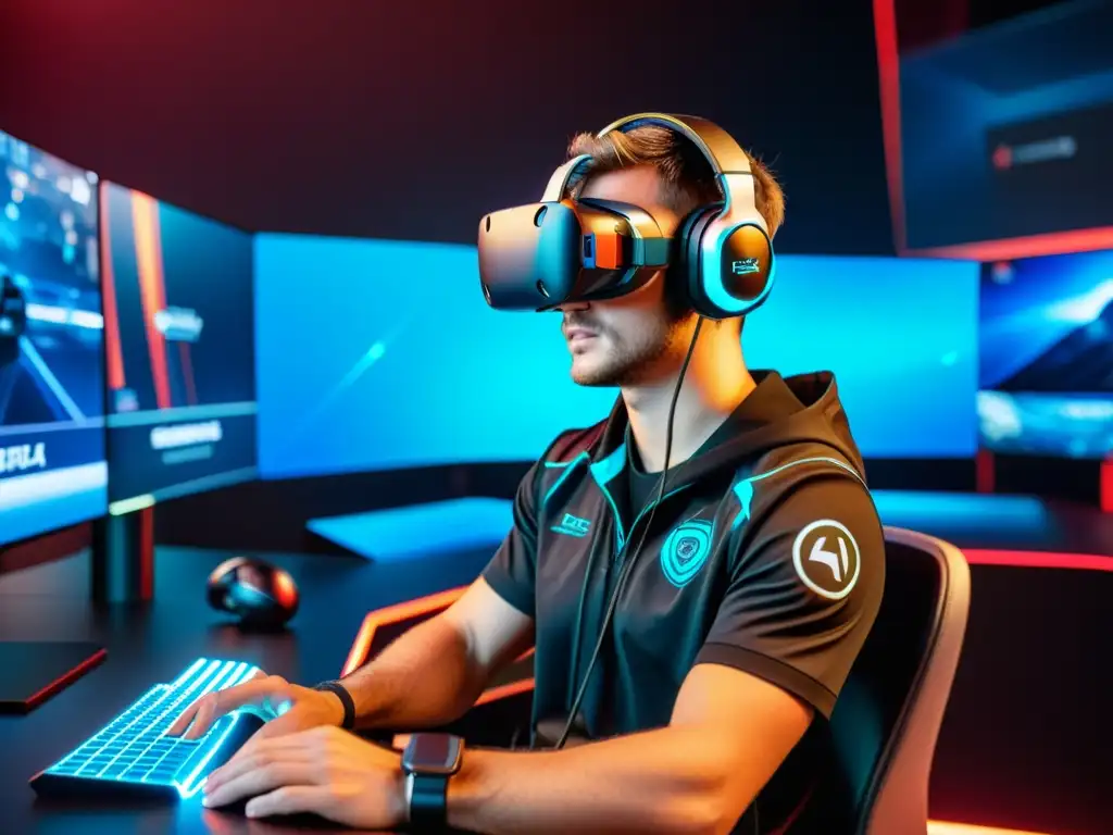 Un jugador profesional de eSports concentrado en un juego de realidad virtual, rodeado de tecnología avanzada