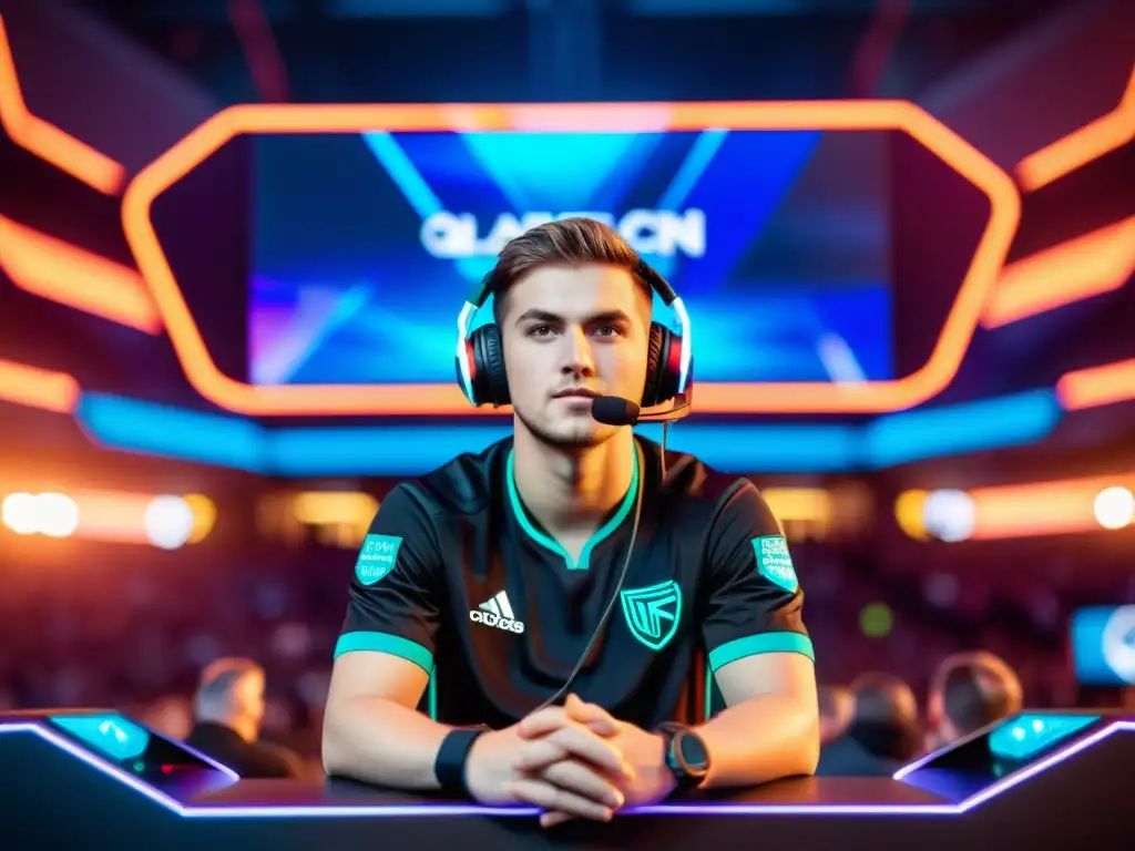 Un jugador profesional de esports concentrado en su juego, rodeado de tecnología futurista y fanáticos entusiastas en un estadio lleno