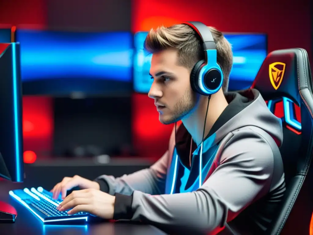 Un jugador profesional de eSports se concentra frente a un avanzado setup de juego