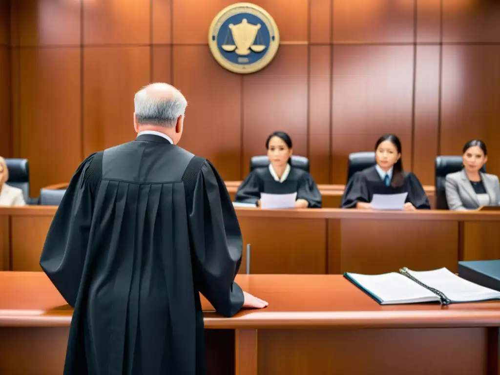 Un juicio por plagio académico, con un juez presidiendo y abogados presentando pruebas