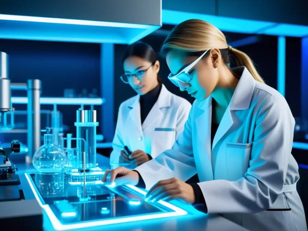 Un laboratorio de alta tecnología con científicos en batas blancas, realizando investigación avanzada bajo una suave luz azul