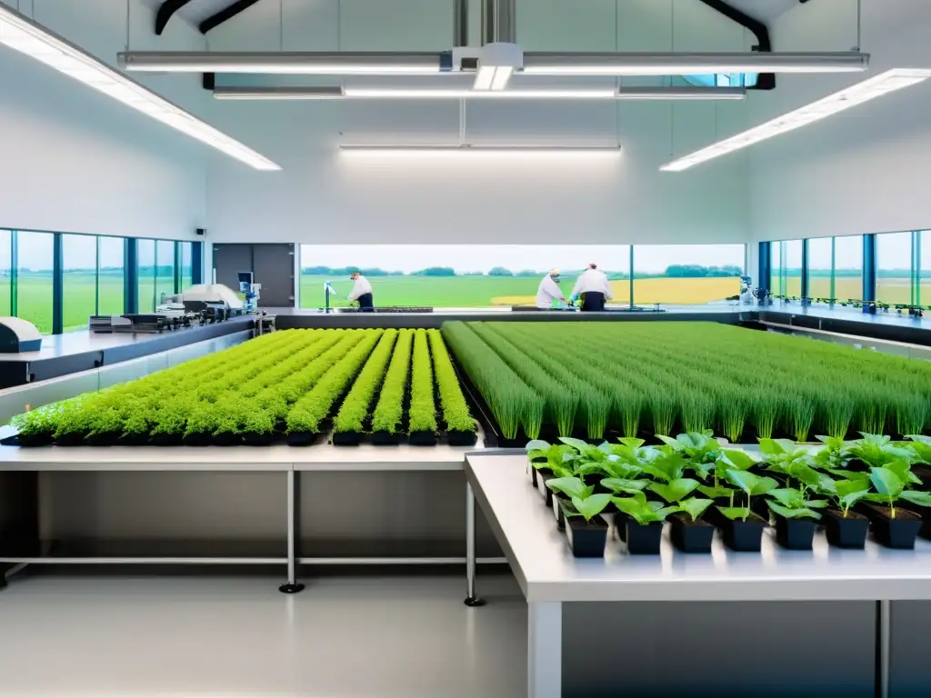 Un laboratorio agrícola avanzado con científicos y agrónomos trabajando juntos en innovadoras estrategias para patentar innovaciones agronomía