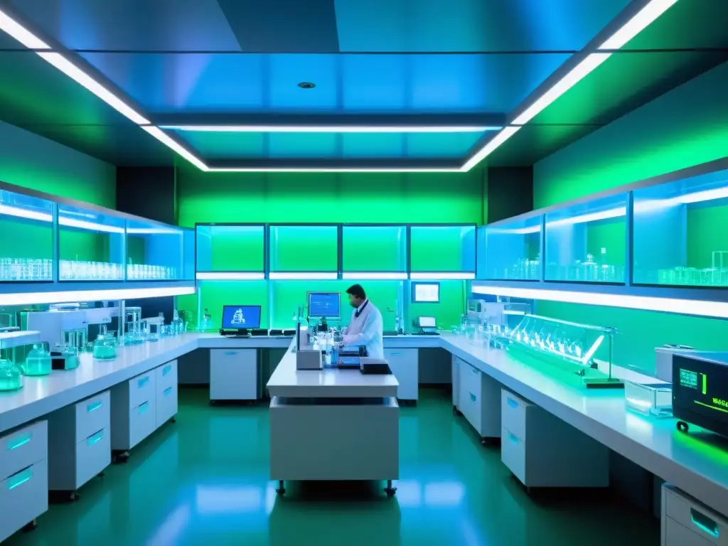 Un laboratorio de biotecnología con científicos trabajando en experimentos