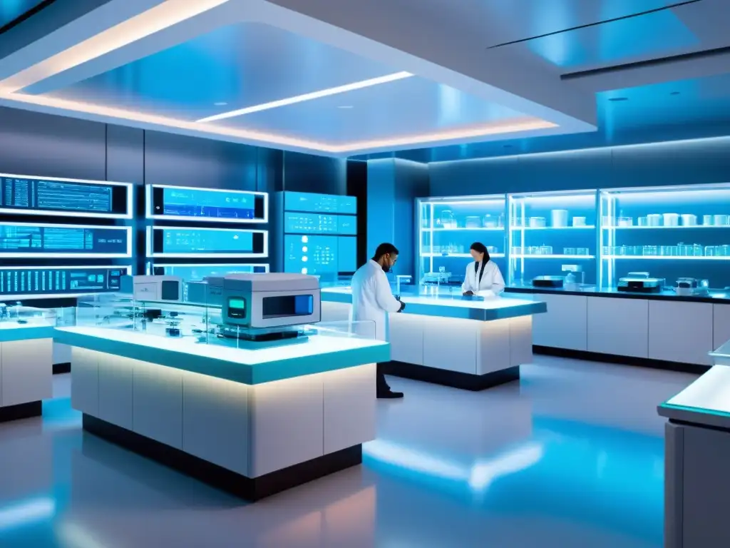 Un laboratorio de biotecnología futurista con científicos trabajando en innovadoras estrategias de protección de patentes para tecnologías avanzadas