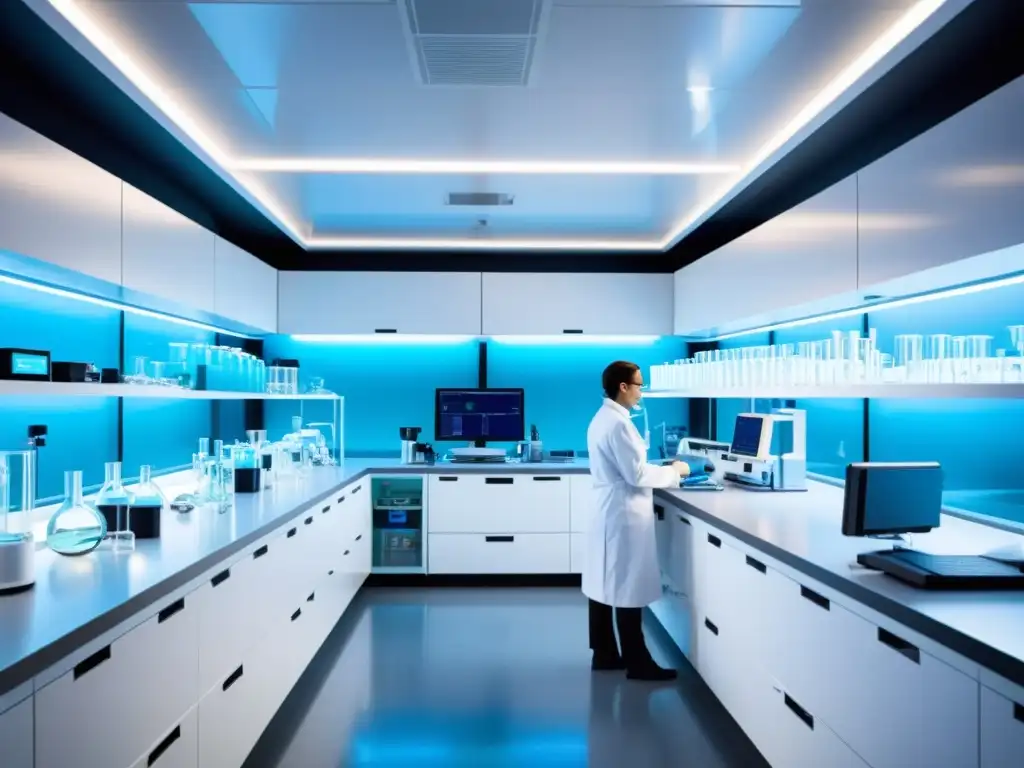 Un laboratorio de biotecnología moderno y vibrante, con científicos trabajando en experimentos
