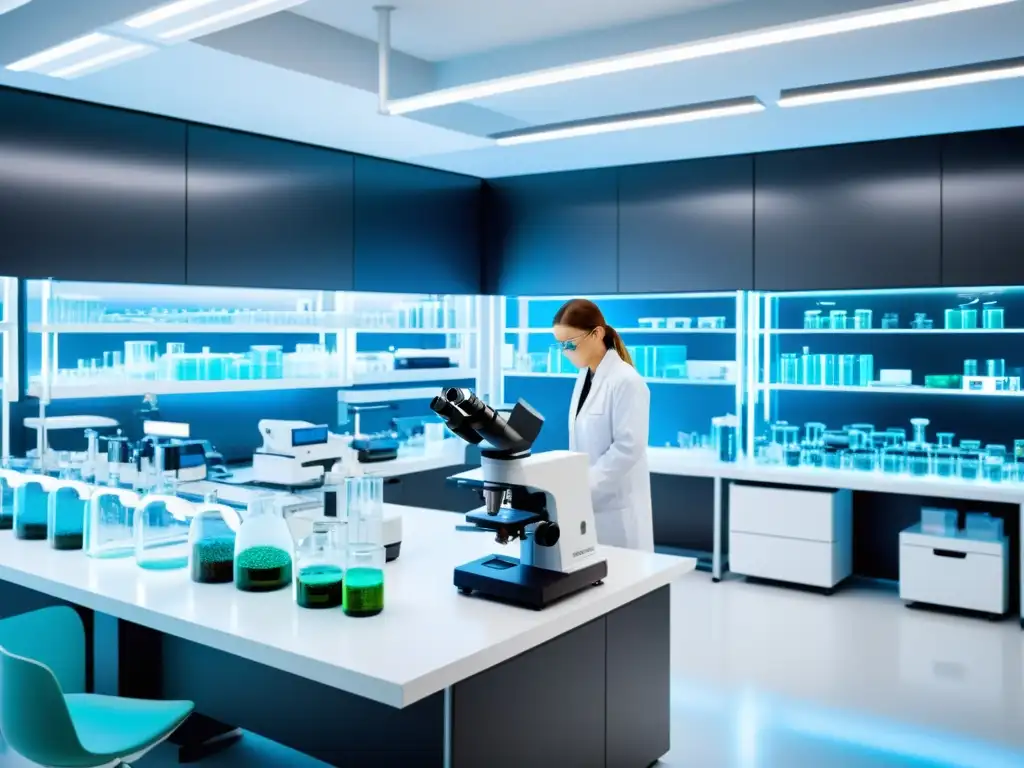 Un laboratorio de biotecnología de vanguardia con científicos trabajando diligentemente en experimentos