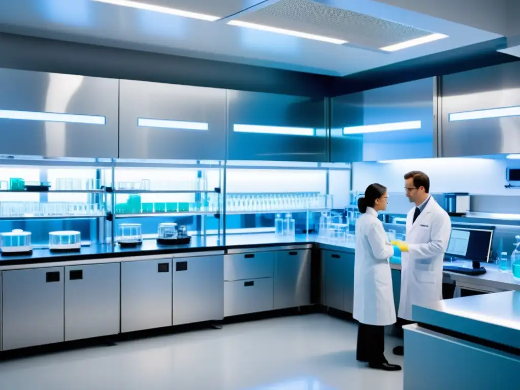 Un laboratorio de biotecnología de vanguardia con científicos realizando investigación de patentes en empresas biotecnológicas