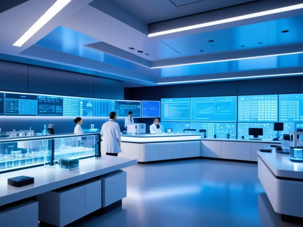 Un laboratorio biotecnológico futurista de alta tecnología con científicos trabajando en investigaciones de patentes biológicas