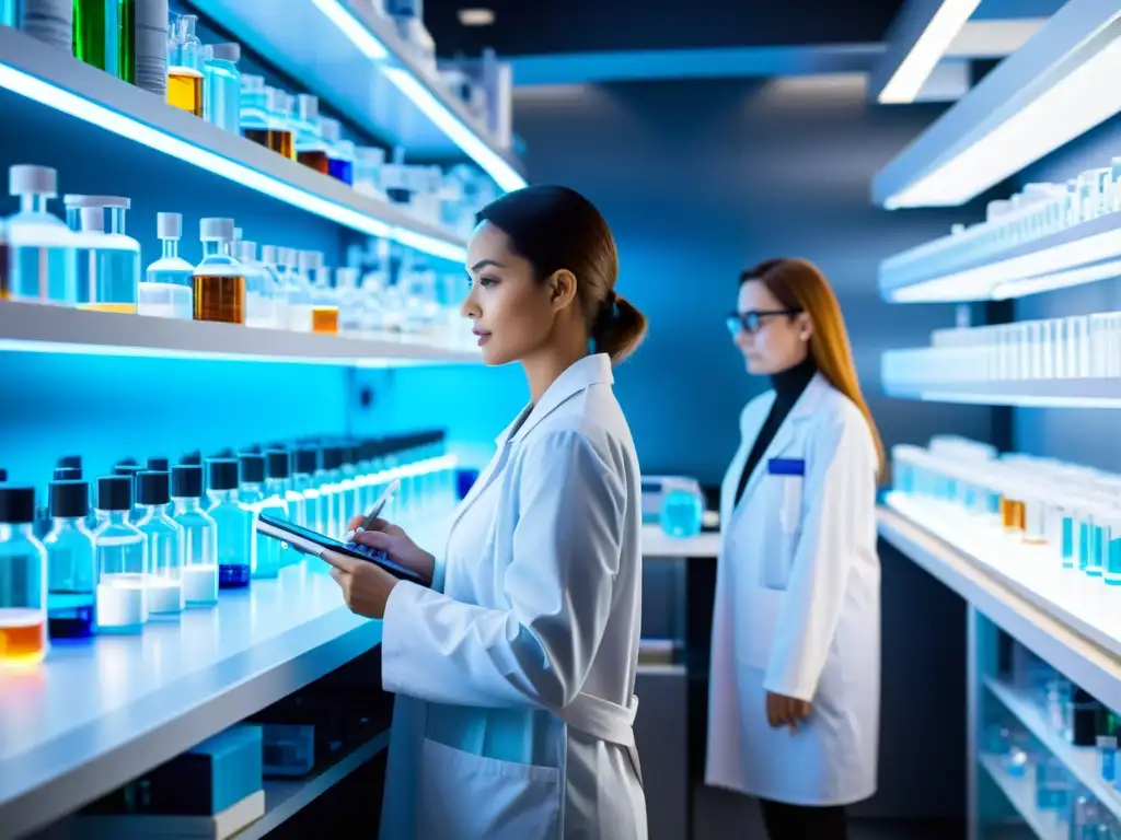 Un laboratorio de investigación farmacéutica con científicos trabajando en equipo, rodeados de tecnología futurista y vistosas muestras
