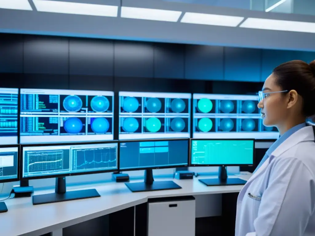 Un laboratorio de investigación farmacéutica con tecnología avanzada y científicos analizando datos en pantallas grandes