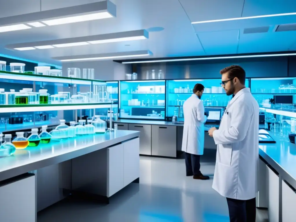 Un laboratorio de investigación farmacéutica de vanguardia, científicos en batas blancas realizan experimentos y análisis con tecnología moderna