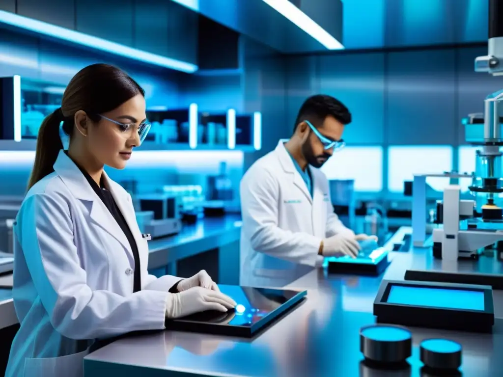 Un laboratorio farmacéutico con científicos en batas blancas trabajando en equipos innovadores, rodeados de tecnología avanzada