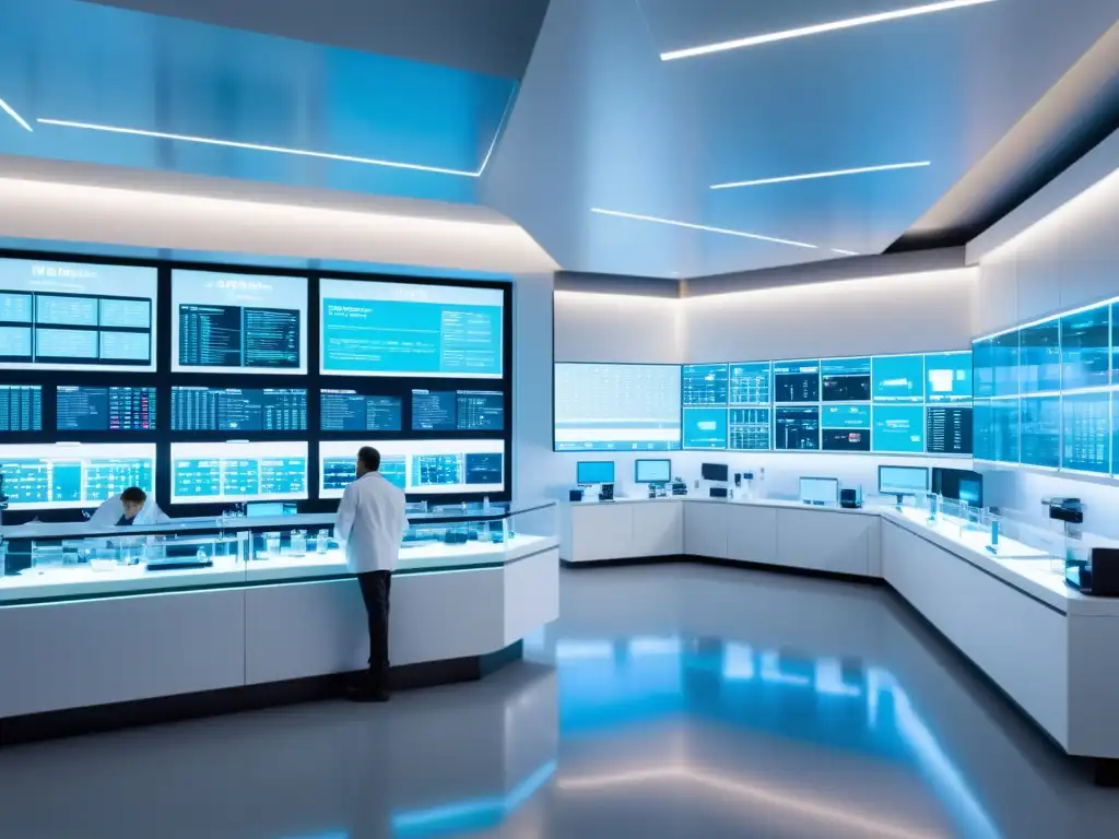 Modern laboratorio farmacéutico, científicos trabajan en investigación con tecnología de vanguardia y obtención de patentes farmacéuticas