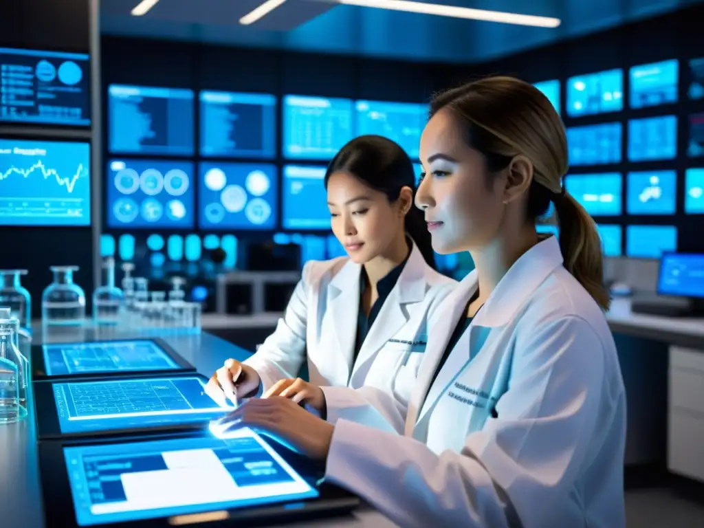 Un laboratorio farmacéutico futurista con científicos trabajando en equipo, rodeados de tecnología avanzada y pantallas brillantes mostrando fórmulas químicas