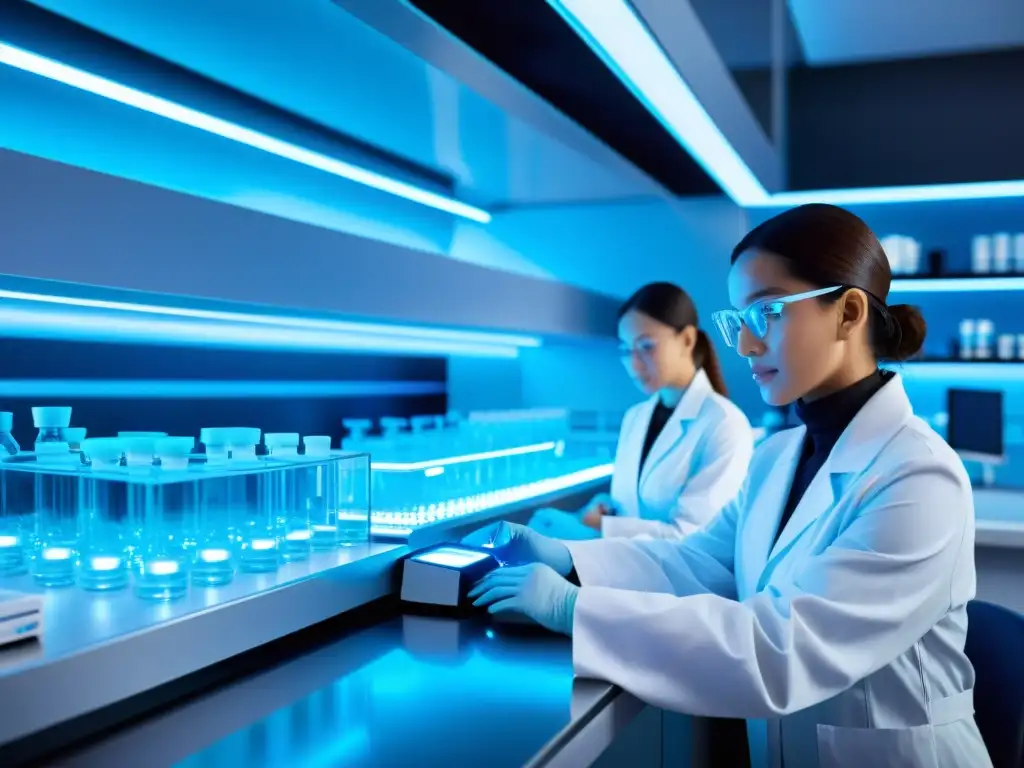 Un laboratorio farmacéutico futurista con científicos en batas blancas realizando investigación innovadora