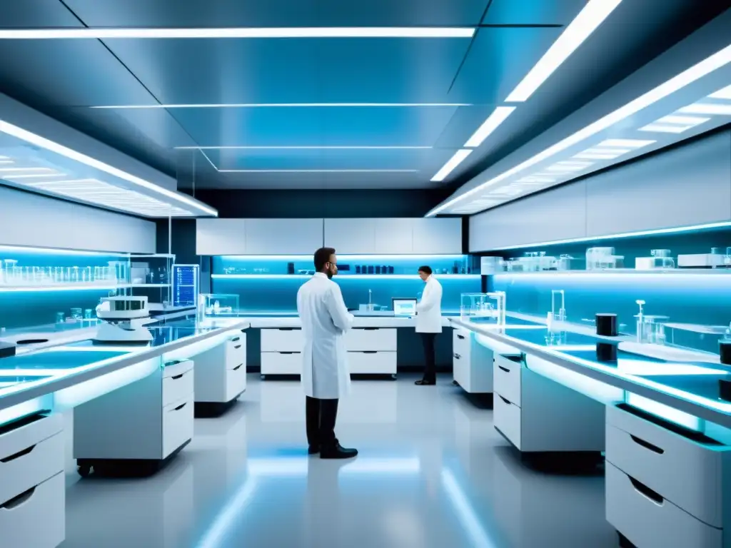 Un laboratorio farmacéutico futurista con científicos en bata blanca realizando investigación y desarrollo
