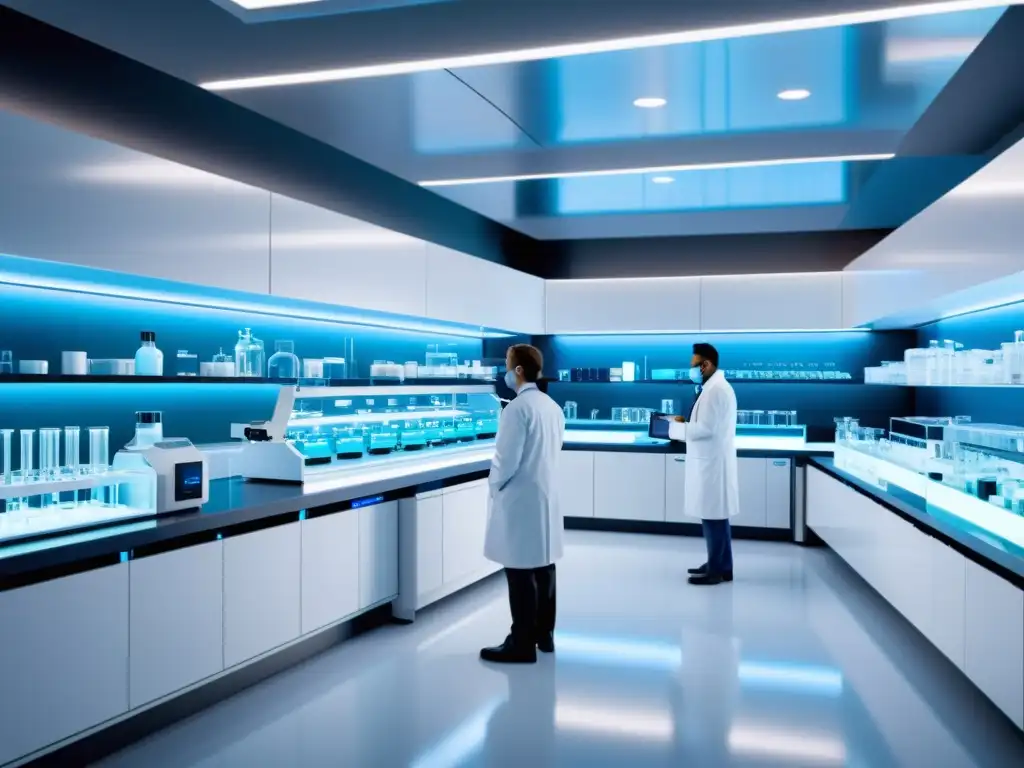 Un laboratorio farmacéutico futurista y detallado en 8k, con científicos investigando patentes farmacéuticas en personalización médica