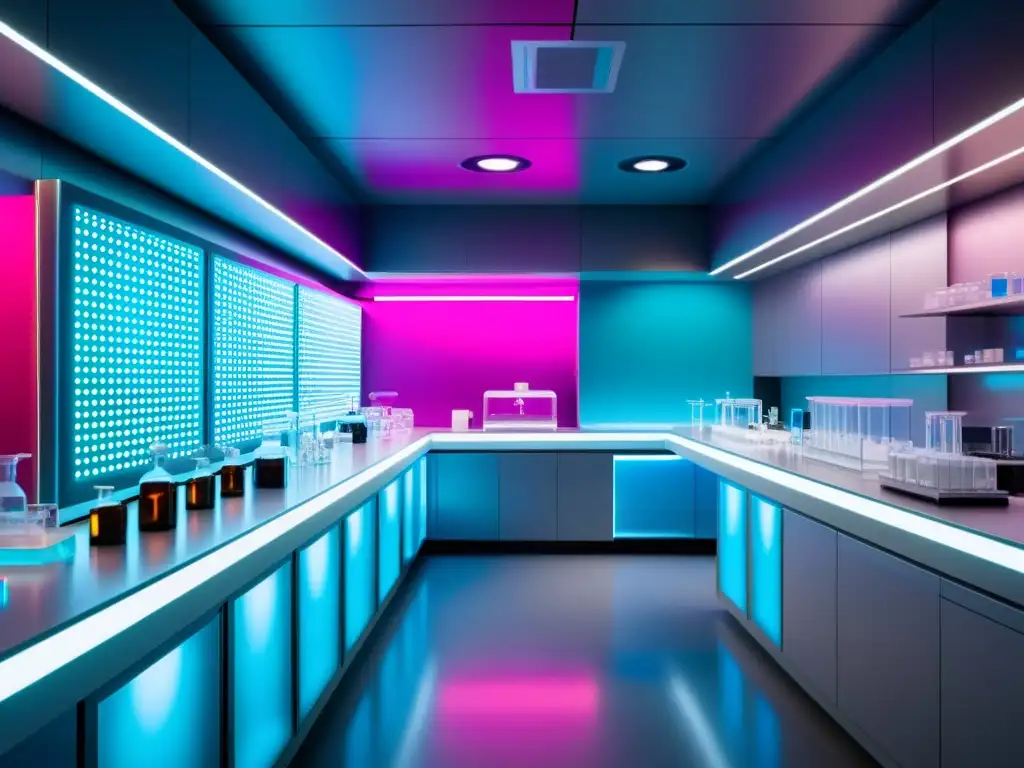 Un laboratorio farmacéutico futurista con diseño minimalista y tecnología de vanguardia