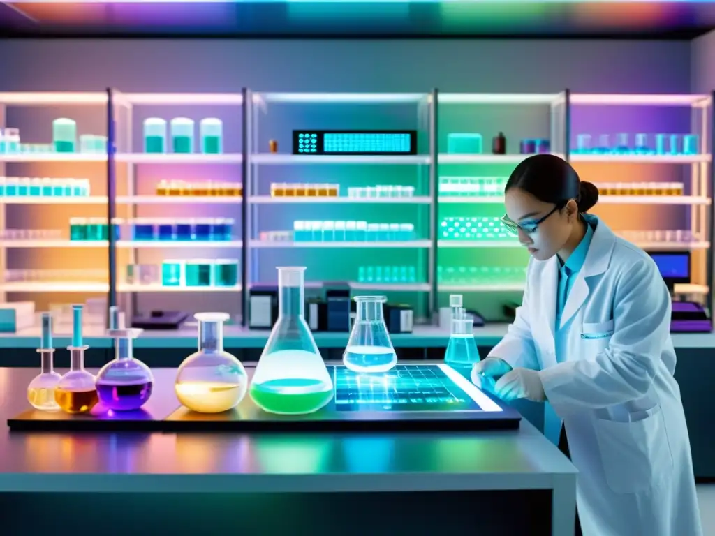 Un laboratorio farmacéutico futurista iluminado con tecnología vanguardista y científicos trabajando en experimentos