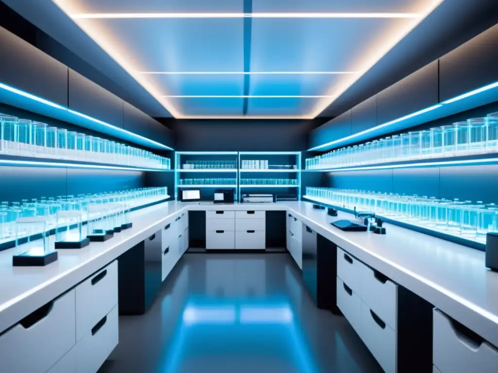 Un laboratorio farmacéutico futurista con tecnología de vanguardia e investigadores en bata blanca