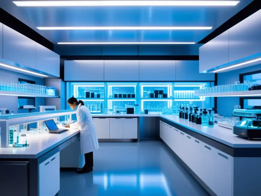 Un laboratorio farmacéutico futurista con tecnología de vanguardia y científicos trabajando, bañado en una suave luz azul