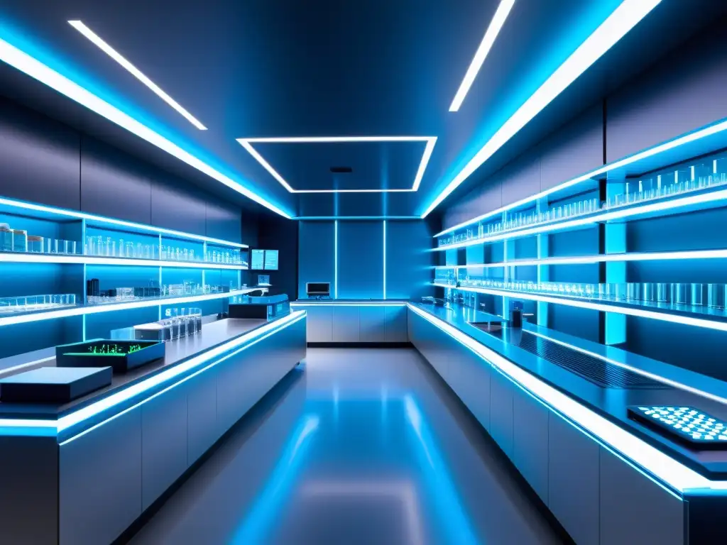 Un laboratorio farmacéutico futurista con tecnología de vanguardia y diseño minimalista