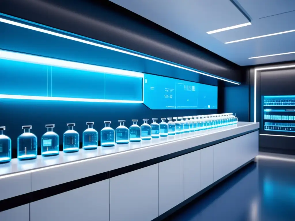 Un laboratorio farmacéutico futurista con tecnología avanzada y diseño minimalista, mostrando patentes farmacéuticas en personalización médica