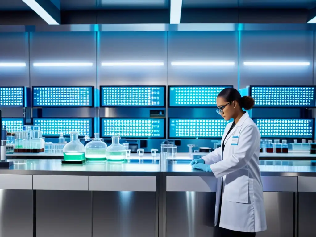 Un laboratorio farmacéutico futurista de última generación, con científicos en batas blancas trabajando con tecnología de vanguardia