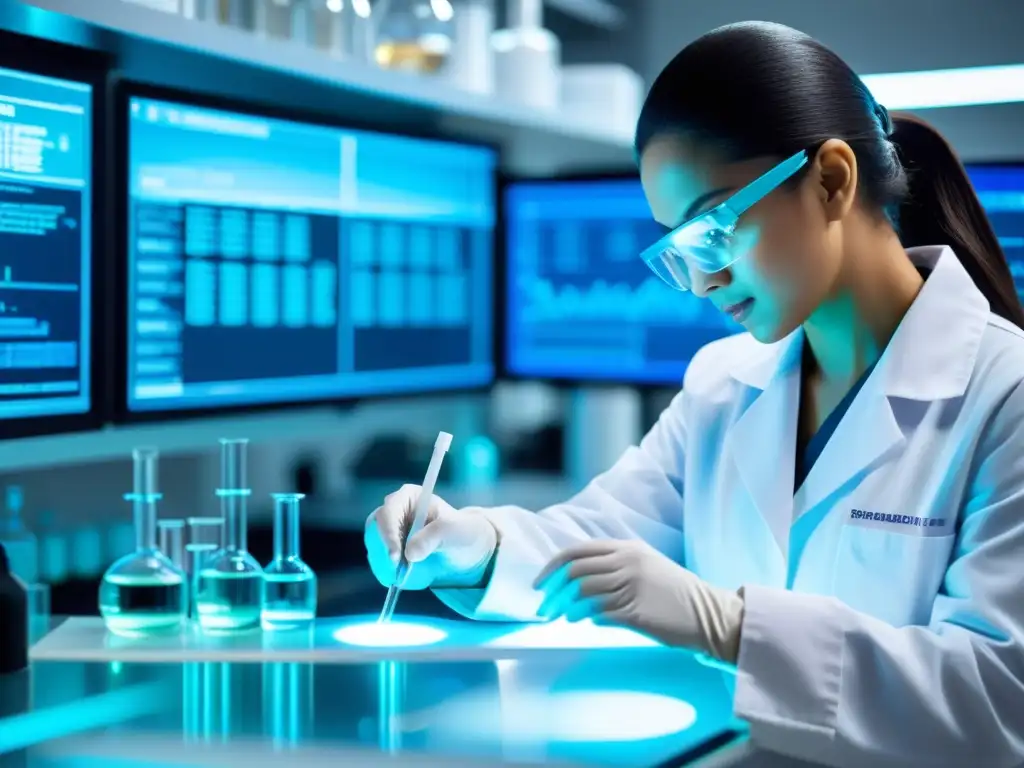 Un laboratorio farmacéutico moderno con científicos en batas blancas realizando experimentos y análisis detallados