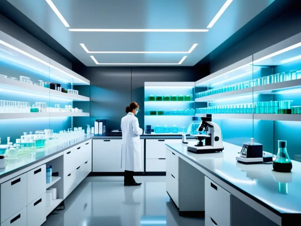 Un laboratorio farmacéutico moderno con científicos en batas blancas trabajando en equipos avanzados, rodeados de estantes con compuestos químicos y materiales de investigación