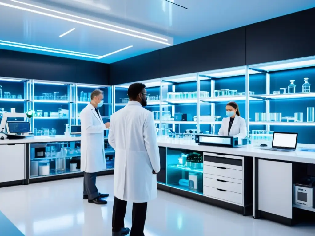 Un laboratorio farmacéutico moderno con científicos trabajando en equipo en equipos de investigación médica innovadores, rodeados de tecnología futurista