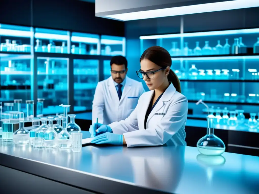 Un laboratorio farmacéutico moderno con científicos trabajando en investigación y desarrollo