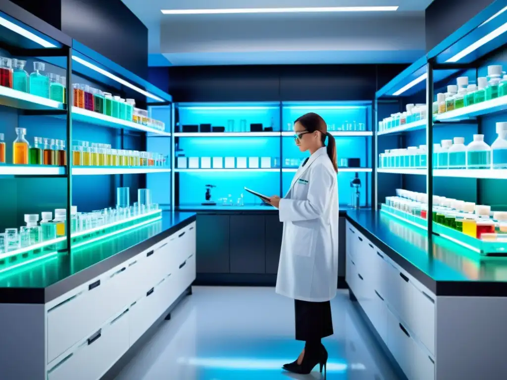 Un laboratorio farmacéutico moderno con científicos en batas blancas trabajando con equipos futuristas, rodeados de estantes de compuestos químicos coloridos y fórmulas escritas en pizarras de vidrio