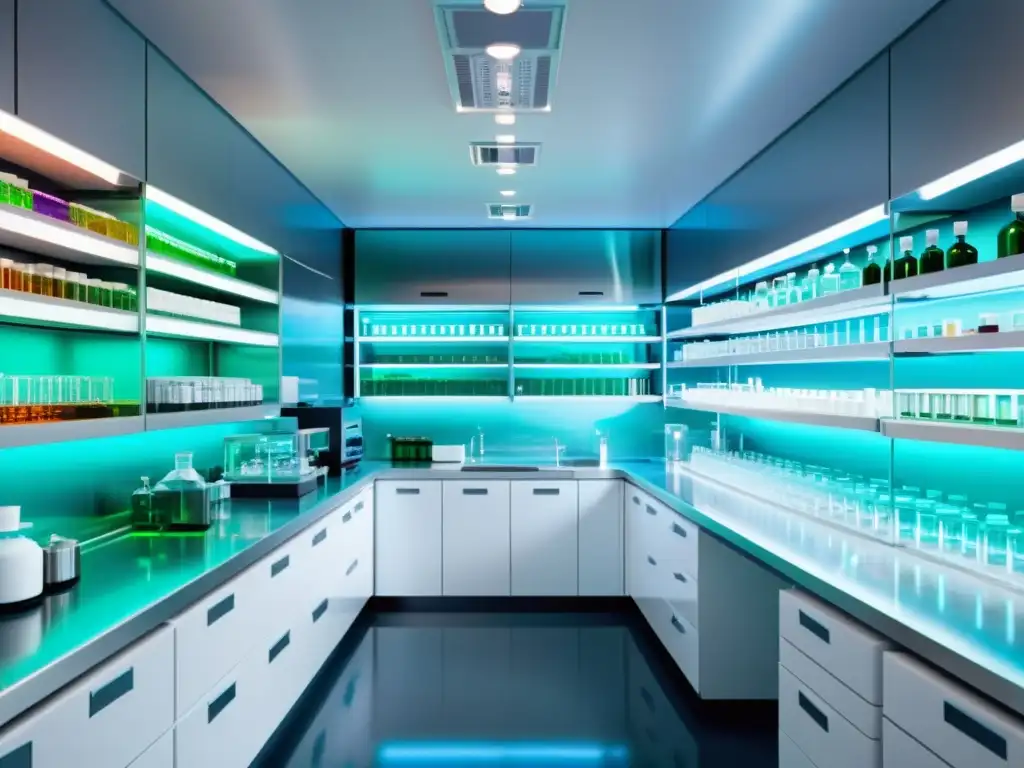 Un laboratorio farmacéutico moderno con científicos trabajando diligentemente y estantes llenos de productos farmacéuticos coloridos