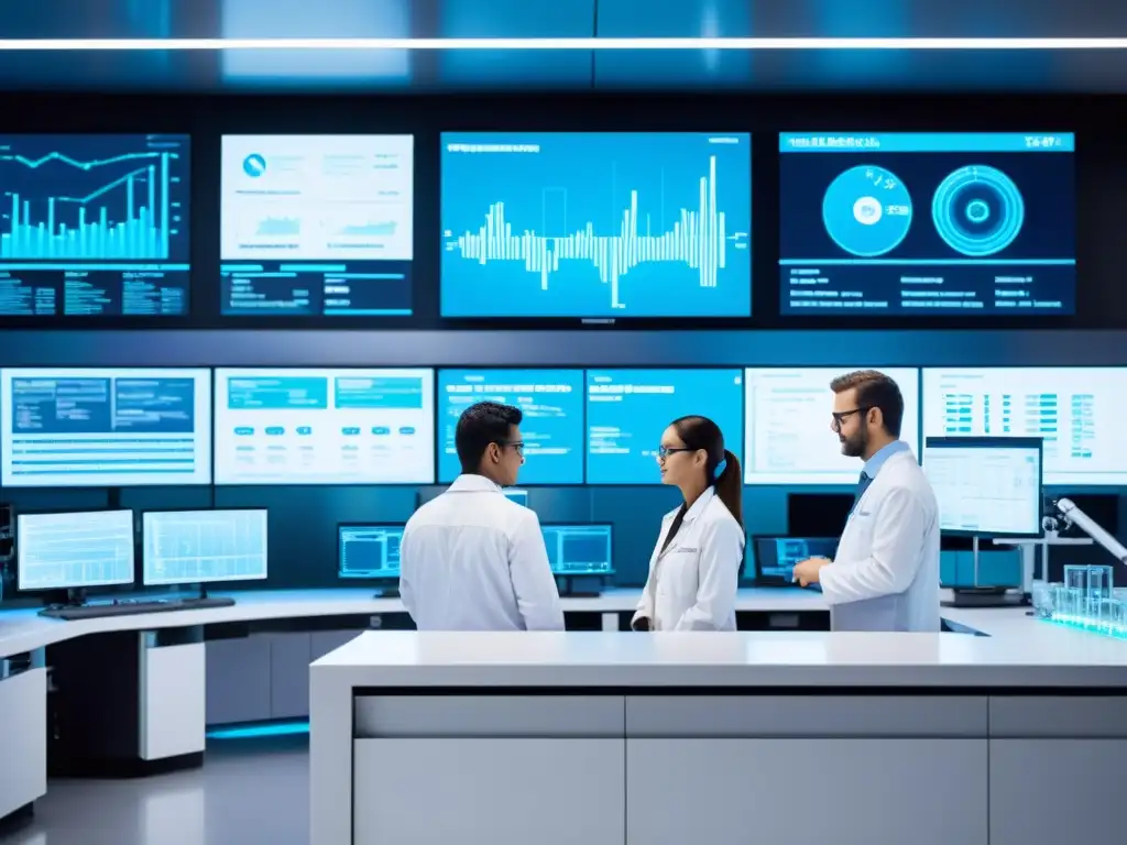 Un laboratorio farmacéutico moderno con científicos en batas blancas trabajando en equipos avanzados y tecnología futurista
