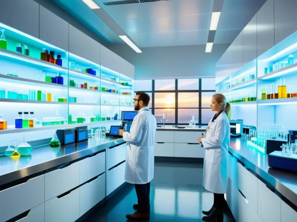 Un laboratorio farmacéutico moderno con científicos investigando en equipo avanzado, rodeados de compuestos químicos y tecnología futurista