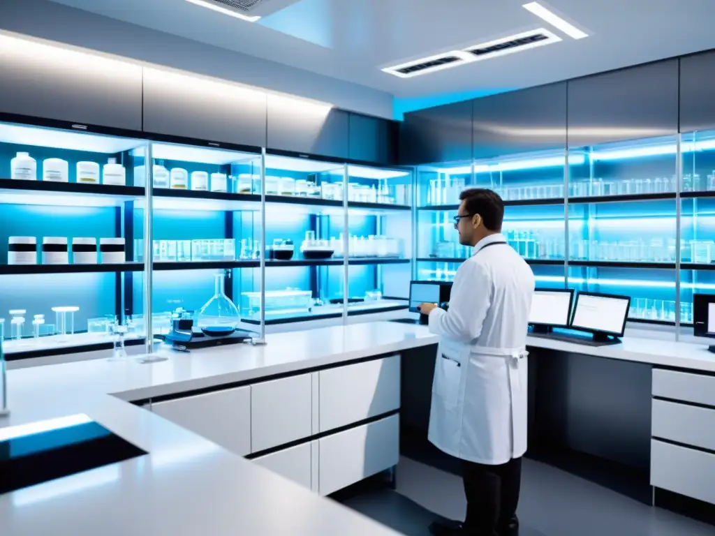 Un laboratorio farmacéutico moderno y futurista, con científicos trabajando en equipos de alta tecnología