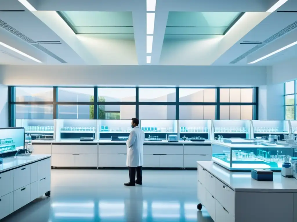 Un laboratorio farmacéutico moderno y futurista, con científicos analizando experimentos bajo luz natural