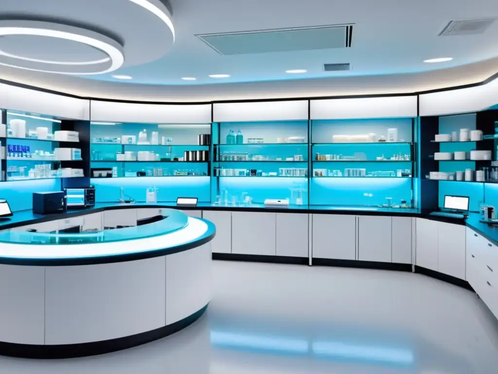 Un laboratorio farmacéutico moderno, lleno de equipo de vanguardia y científicos en batas blancas, trabajando meticulosamente en proyectos
