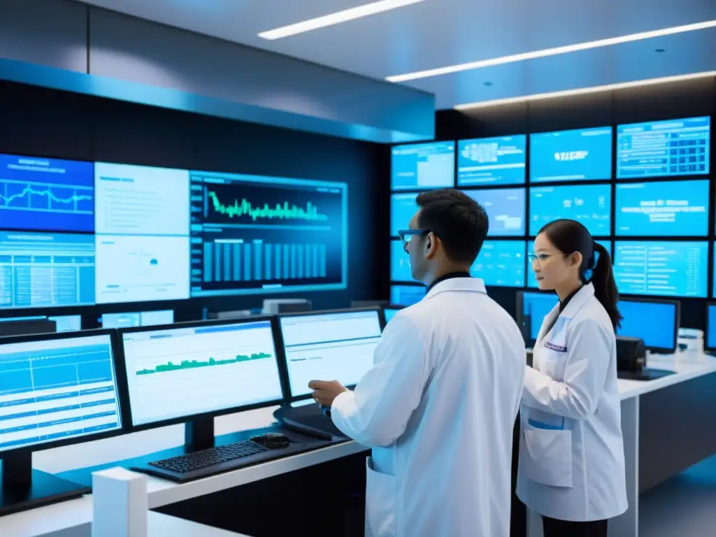 Un laboratorio farmacéutico de vanguardia, científicos en bata blanca trabajan en equipos de alta tecnología y analizan datos en pantallas digitales