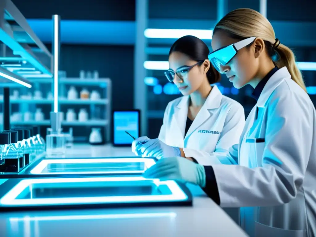 Un laboratorio farmacéutico de vanguardia, con científicos en bata blanca trabajando con tecnología innovadora