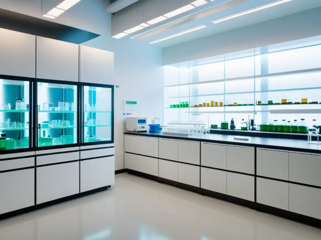Un laboratorio farmacéutico vanguardista con equipos de alta tecnología y científicos colaborando en experimentos
